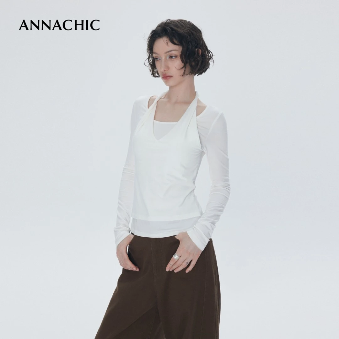 ANNACHIC时髦博主_云感亲肤假两件挂脖扭结长袖T恤女修身显瘦上衣