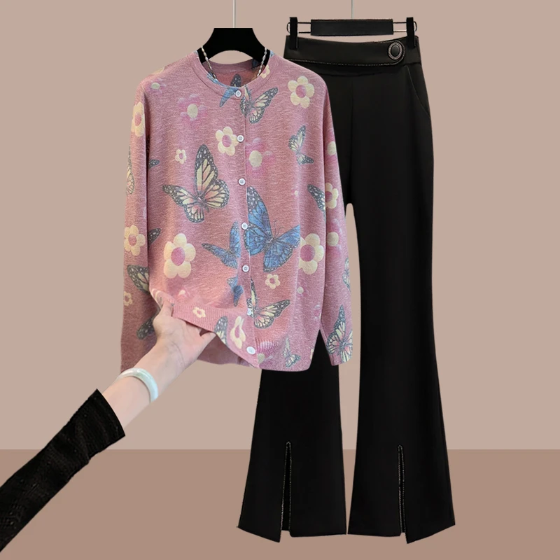 大码女秋装时尚洋气套装妈妈春秋高级感针织开衫外套微喇裤两件套