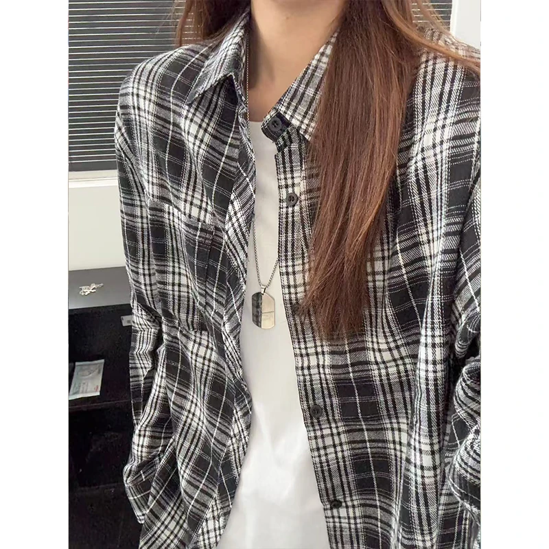 黑色格子衬衫男款秋冬季加绒痞帅高级感长袖衬衣美式翻领夹克外套