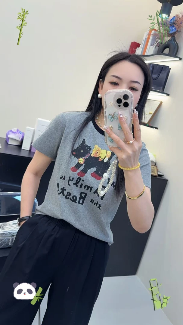 【姑姐严选】2025夏款百搭显瘦圆领字母卡通小狗图案短袖T恤女上衣