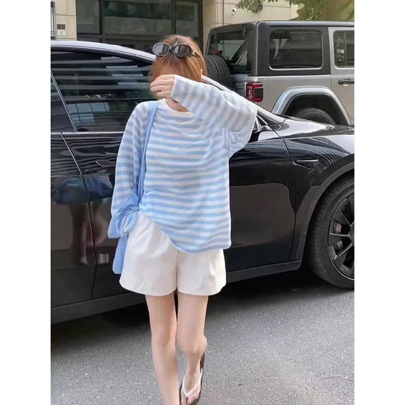 春夏防晒衫罩衫女撞色条纹薄纱2025新款休闲宽松薄款长袖T恤上衣