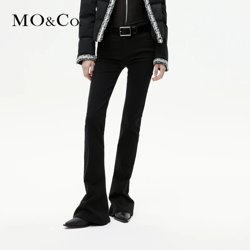 【达人专属】MOCO冬中低腰及地微喇裤重酵洗黑色牛仔裤MBC4JEN015