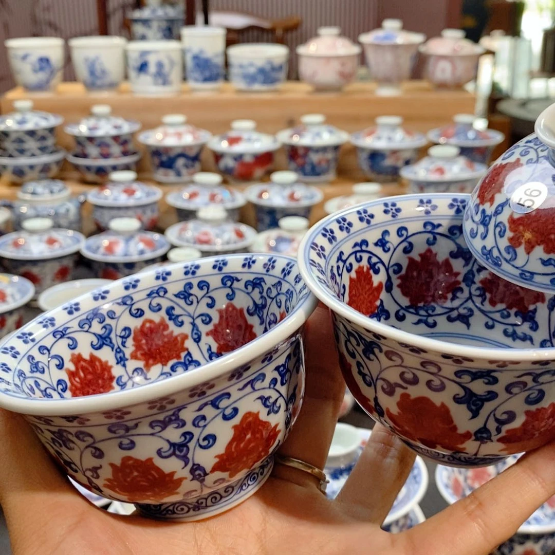 微瑕满绘釉里红两件套手绘原矿