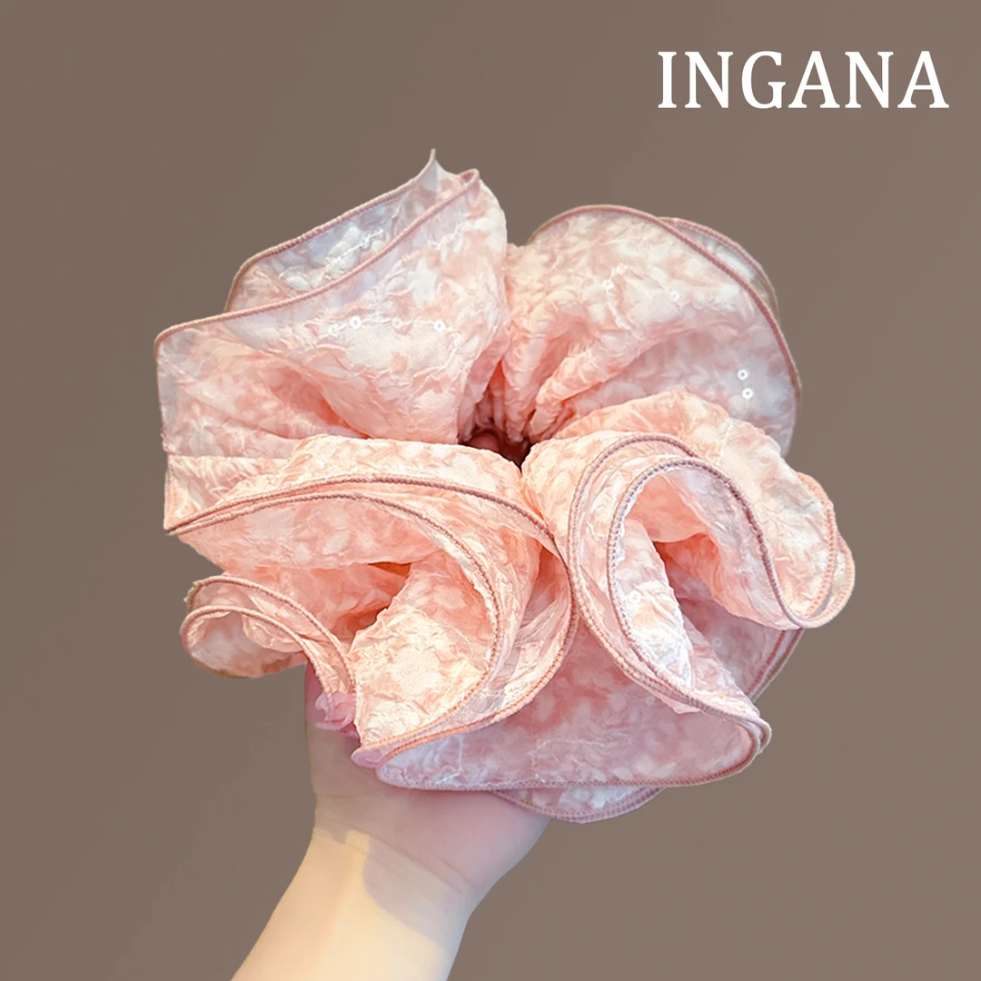 粉色温柔四层泡泡纱大肠发圈氛围蓬松感头花发绳发饰马尾皮筋头绳