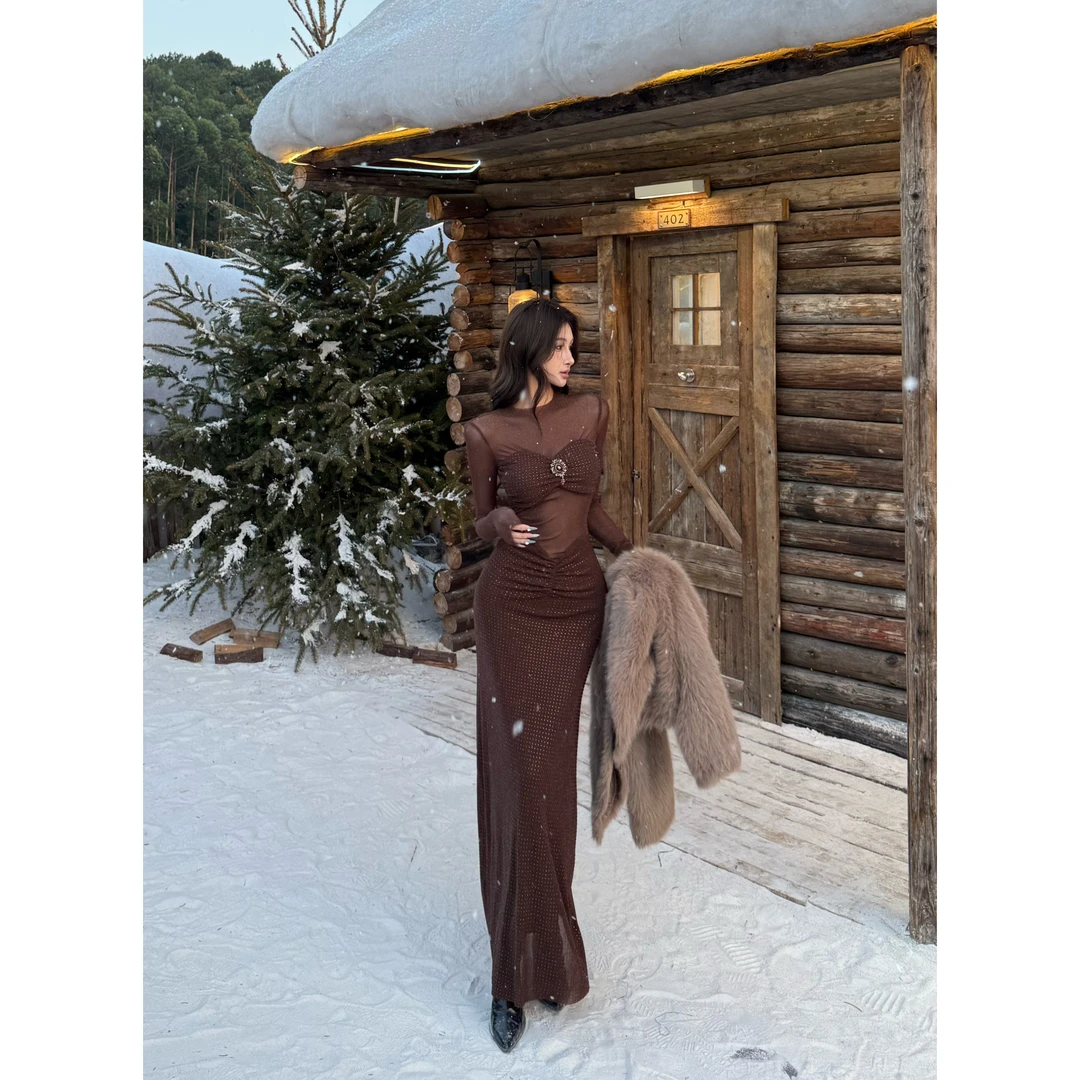 烫钻包臀宴会晚礼服网纱镂空收腰辣妹连衣裙