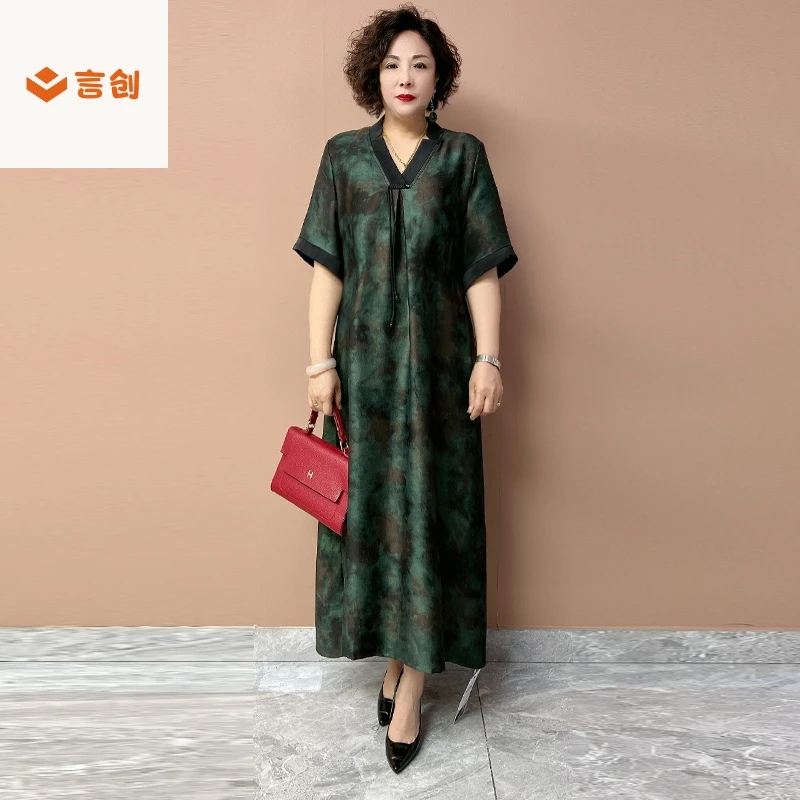 331宽松大码200斤连衣裙夏季新款时尚洋气高档中式显瘦过膝长裙子