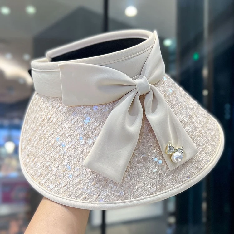 重工亮片发箍式空顶帽子女夏季大檐防紫外线遮阳帽轻奢气质太阳帽