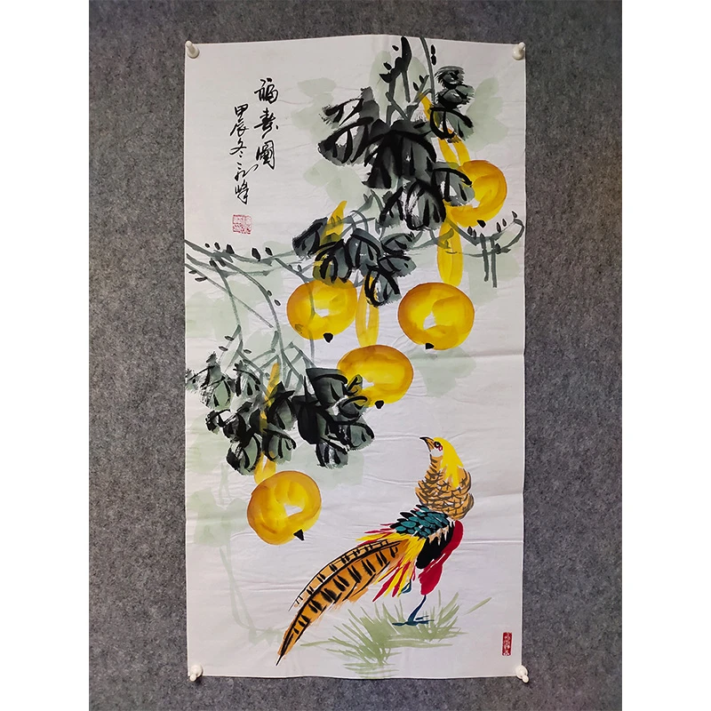 纯手绘国画锦鸡葫芦三尺100*50厘米宣纸画芯未装裱