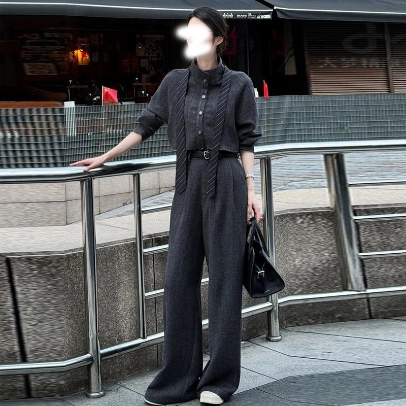 2025秋季新款休闲设计感灰色拼接外套上衣高腰阔腿裤气质两件套