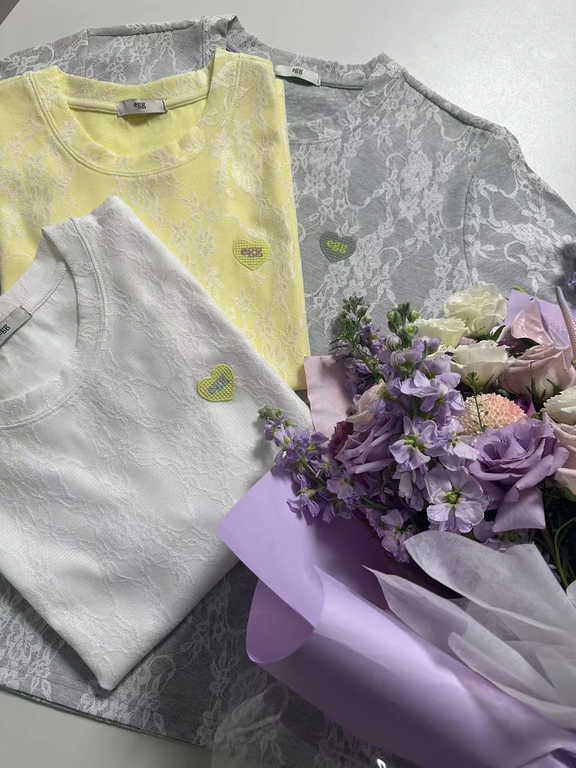 T635#夏季新款EGG提拉蕾丝简约时尚休闲百搭圆领短袖