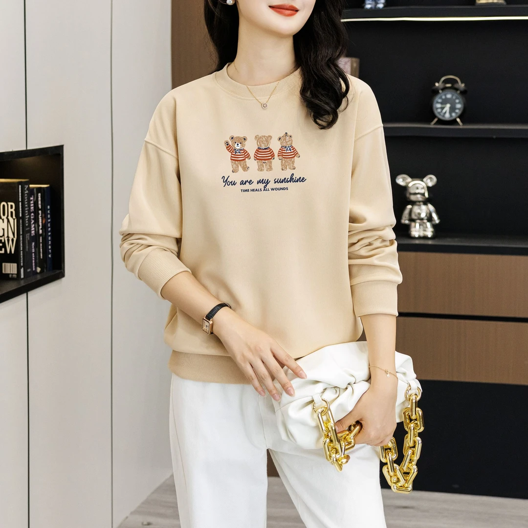 秋季圆领长袖套头印花显瘦棉质卫衣时尚上衣百搭女装