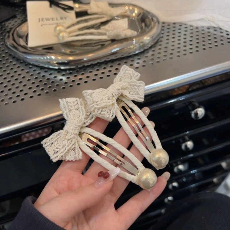 韩系发夹蝴蝶结蕾丝发夹刘海掰掰夹米白色蕾丝蝴蝶结BB夹边夹新款