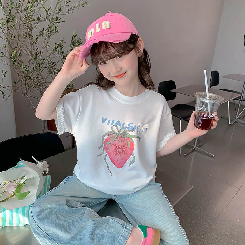 女童短袖夏装2025新款洋气儿童夏季t恤半袖体恤小女孩纯棉0057