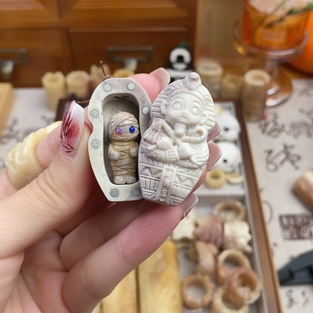 鹿骨把件不*~M6鹿角雕刻的木乃伊➕法老棺