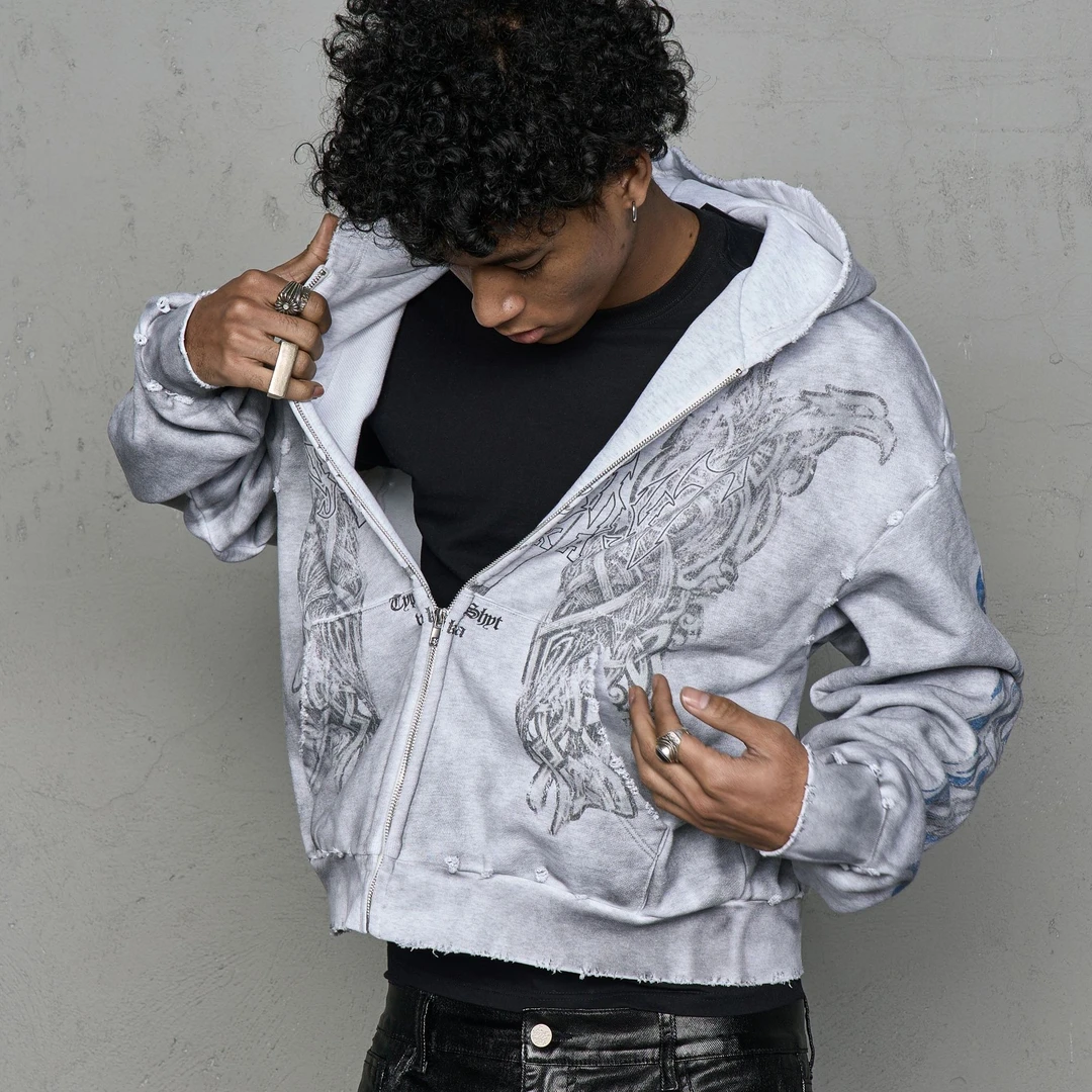 【VAKA TYPESHYT】2025ss水洗做旧数码直喷印花连帽卫衣男女同款