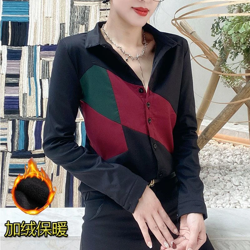 衬衫女春秋2025新款韩版拼接加厚保暖加绒打底衫上衣衬衣气质5085