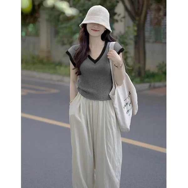 胸84-160长53薄款毛针织拼色女装设计感夏季小众气质 8863