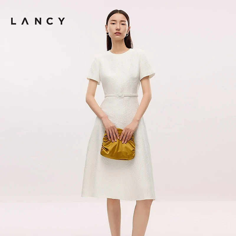LANCY/朗姿2025夏季新款重工刺绣提花收腰显瘦高端气质大气连衣裙