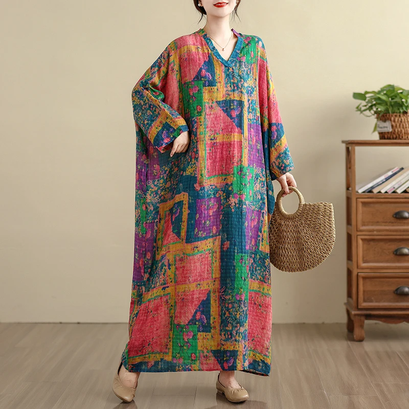 清仓捡漏~大码显瘦宽松花色V领连衣裙女2025秋装减龄洋气印花长裙