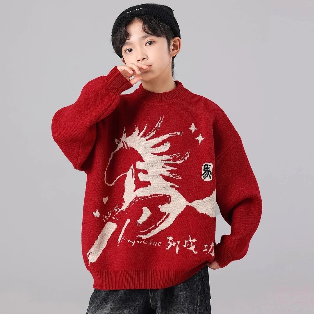男童秋冬款红色加绒加厚毛衣2025新款冬季本命年中大儿童男孩冬装