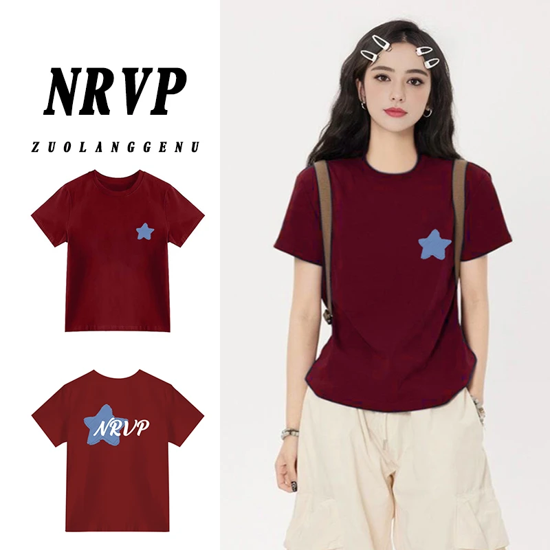 前后ins风印花大码女装夏装棉短袖t恤女百搭修身弹力打底证件上衣