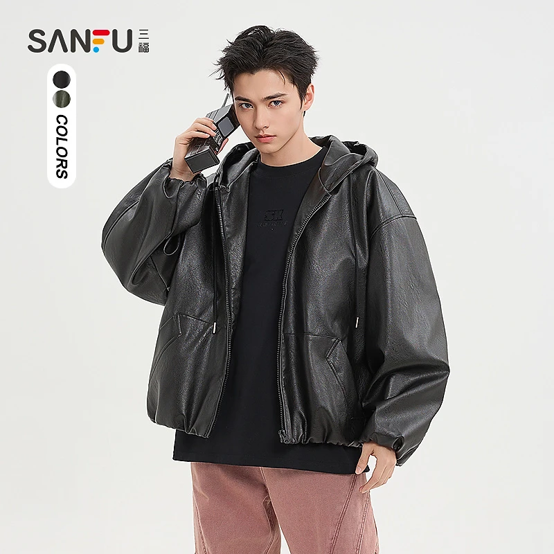 三福新年新衣2025春男士时尚PU带帽夹克街头宽松上衣外套男497600