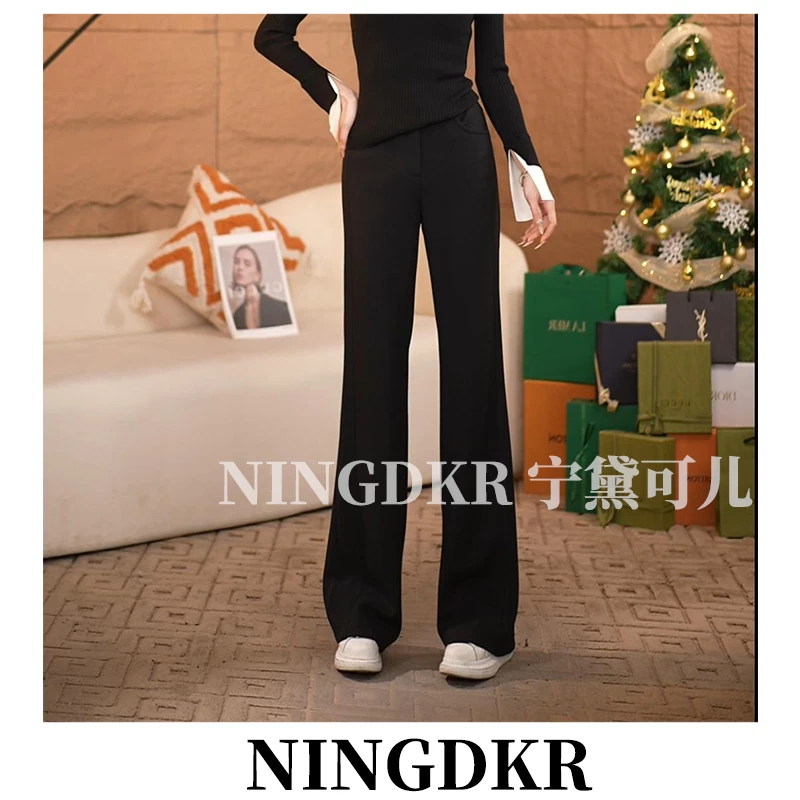 黛A31224显瘦显腿长高腰气质微喇小黑裤女百搭休闲长裤西装裤