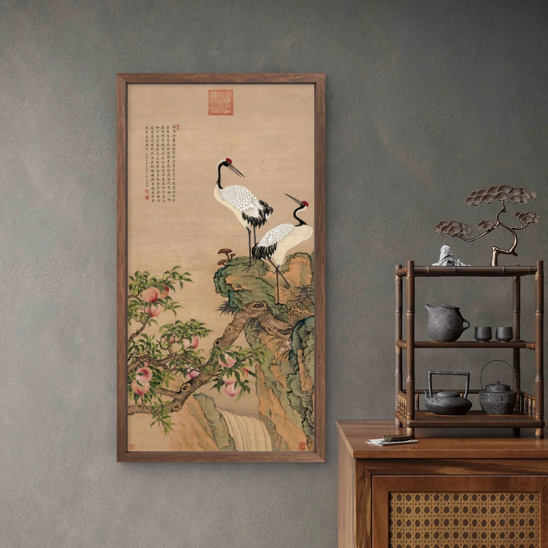 9340-30*55蟠桃双鹤中式装饰画木框玄关书房茶室客厅挂画