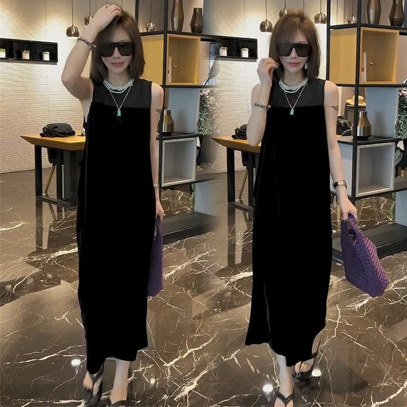 高级感丝绒连衣裙女23夏季洋气百搭拼接纱网无袖性感微透宽松黑色