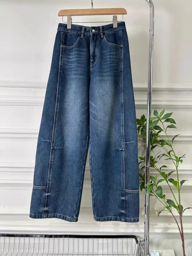 81625#冬季新款时尚高腰双口袋加绒加厚百搭牛仔裤女宽松复古休闲