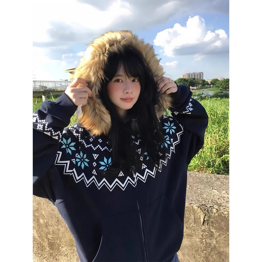 国潮牌费尔岛毛领连帽卫衣女秋冬季宽松慵懒风加绒开衫外套#WY138