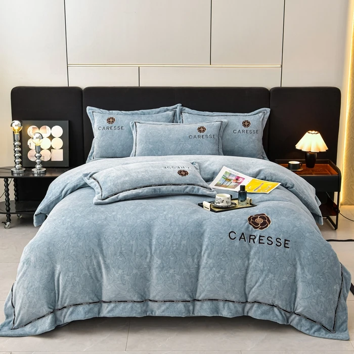 水星高端轻奢高端加厚牛奶绒四件套冬季刺绣法兰绒双面绒床上套件