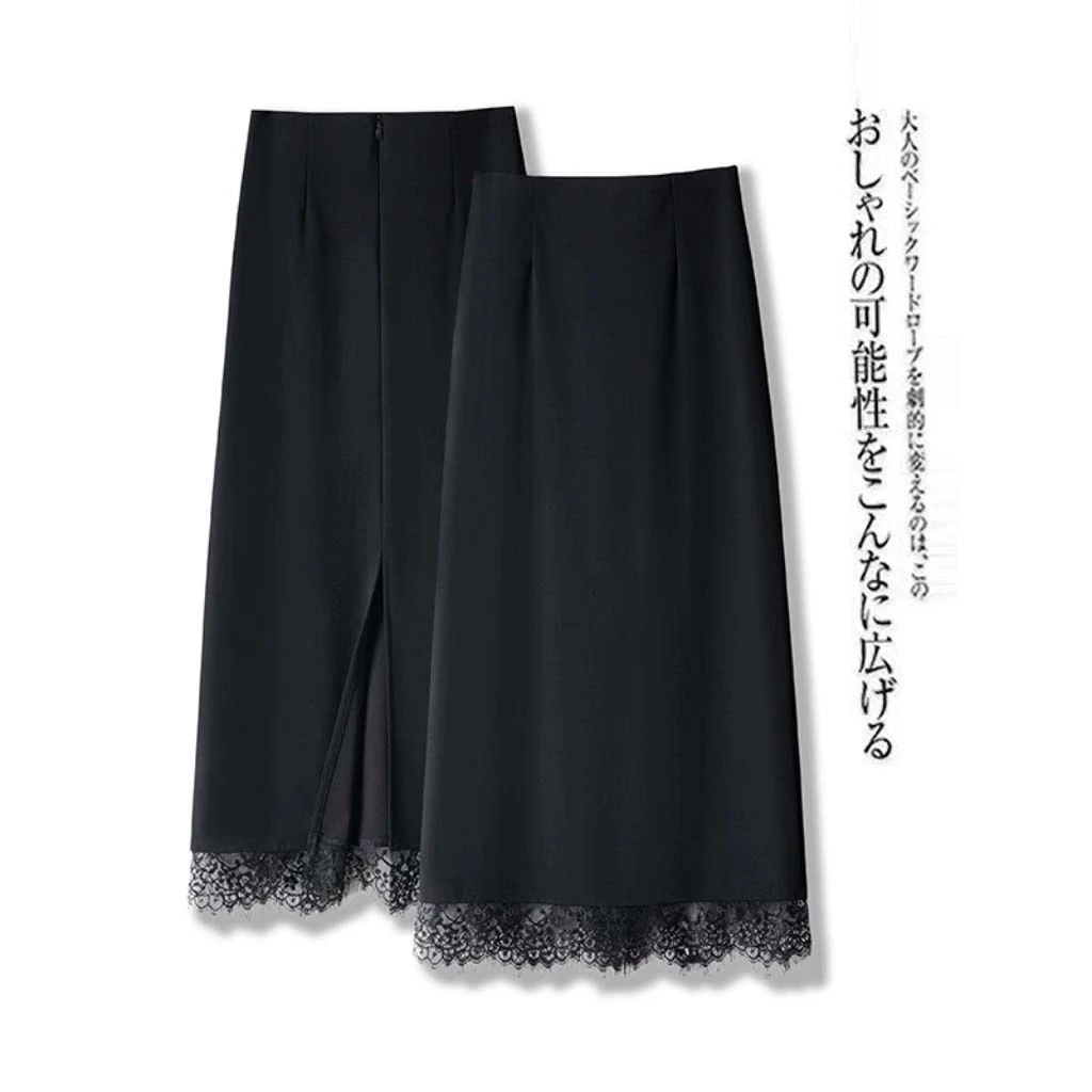 La babite 黑色蕾丝拼接西装半身裙春季新款中长裙开叉直筒包臀裙
