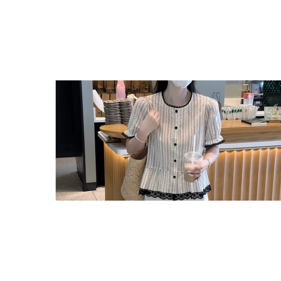 BK  2025夏新款衬衣欧货温柔风撞色时尚显瘦泡泡袖衬衫