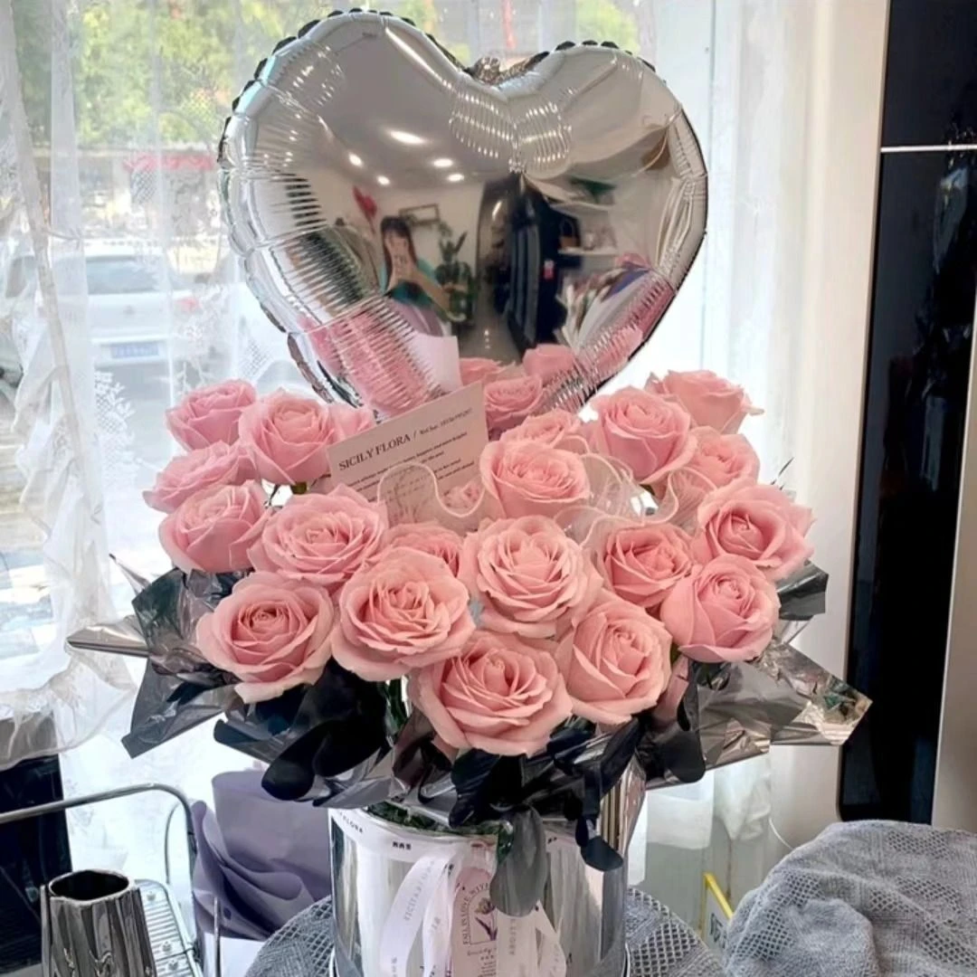 【爱的抱抱】21朵粉玫瑰花气球抱抱桶花束生日鲜花生日礼物情人节礼物生日花束花店送花上门