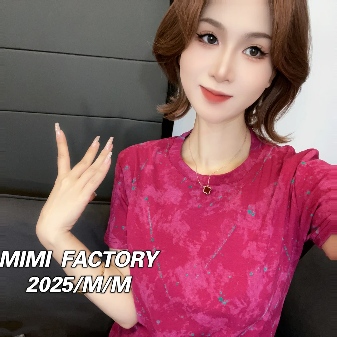 芈芈 2025新款短袖 欧货泼墨满印T恤女短袖修身显瘦上衣#2812