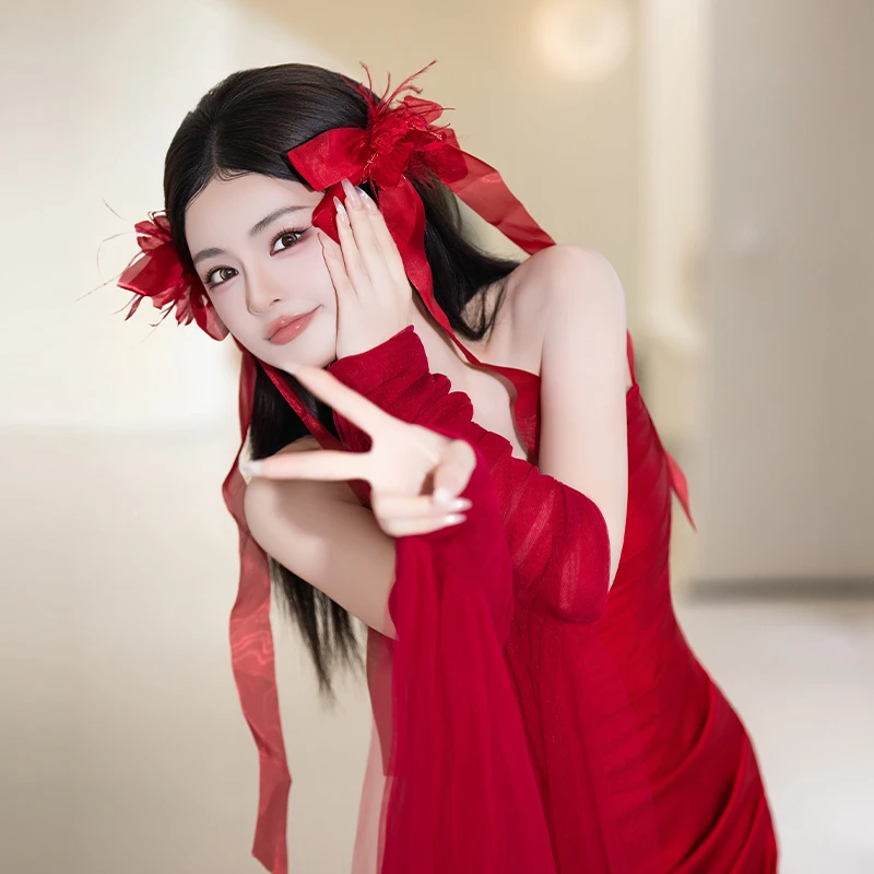 非金属布艺婚庆饰品 新娘酒红色蝴蝶结羽毛飘带发夹配饰品MC2632