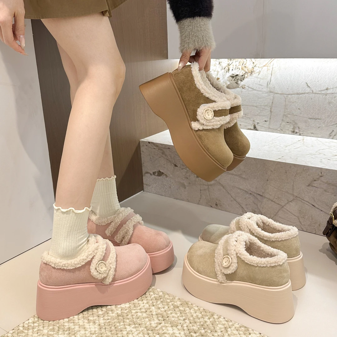 甜美风厚底加绒勃肯鞋女2025新款冬季百搭小个子增高保暖毛毛棉鞋