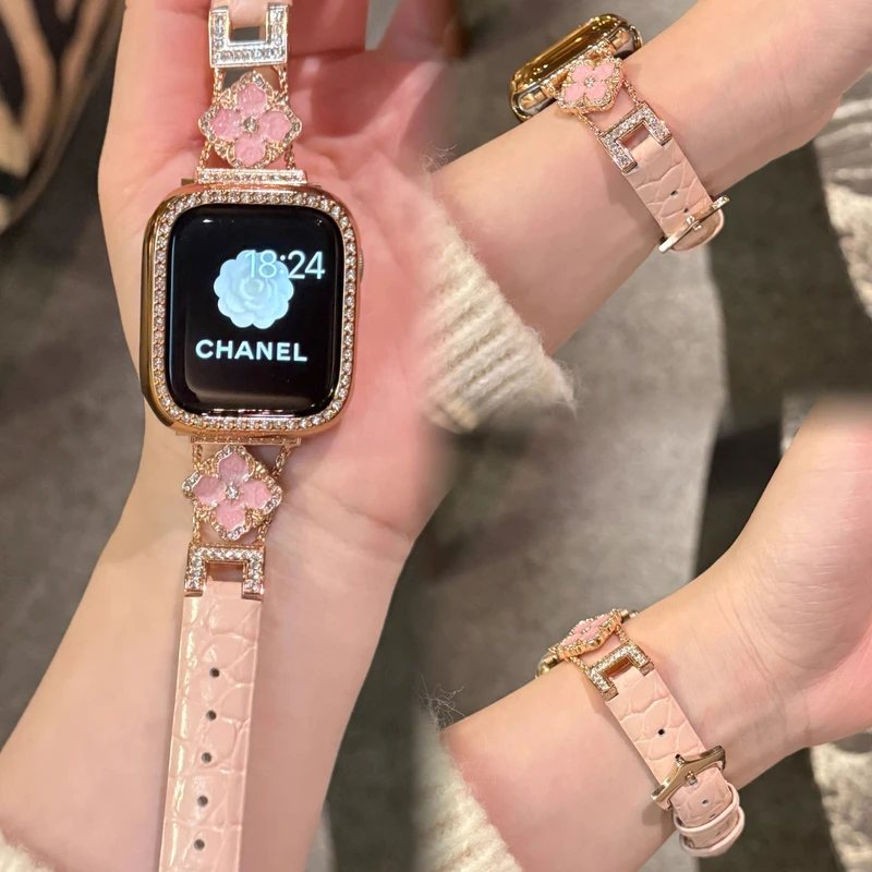 适用苹果手表带iwatchS11四叶布契拉金属真皮链apple watch98小米