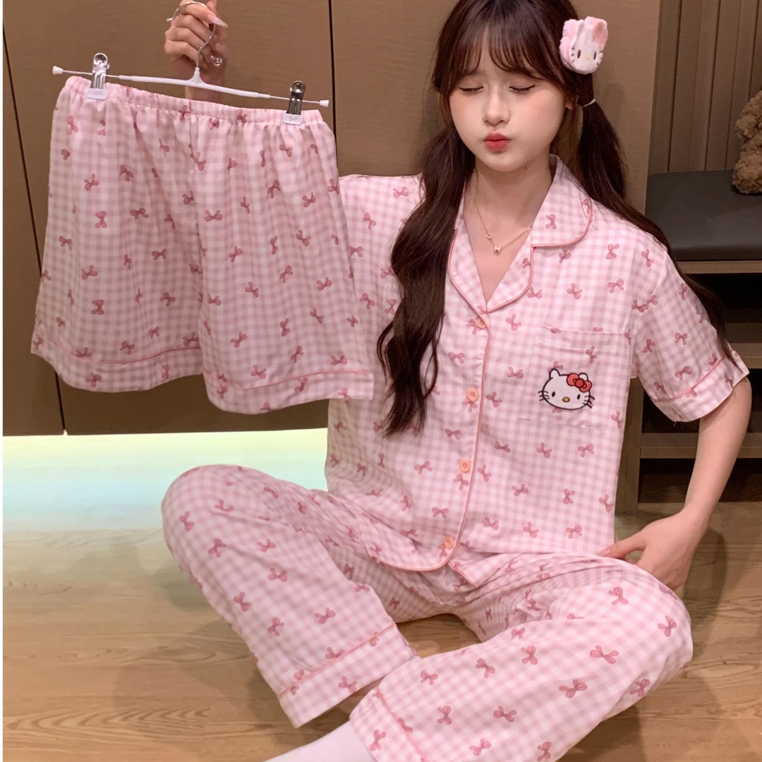 胸垫睡衣2025夏季女士短袖翻领卡通时尚短裤长裤韩版薄款家居服