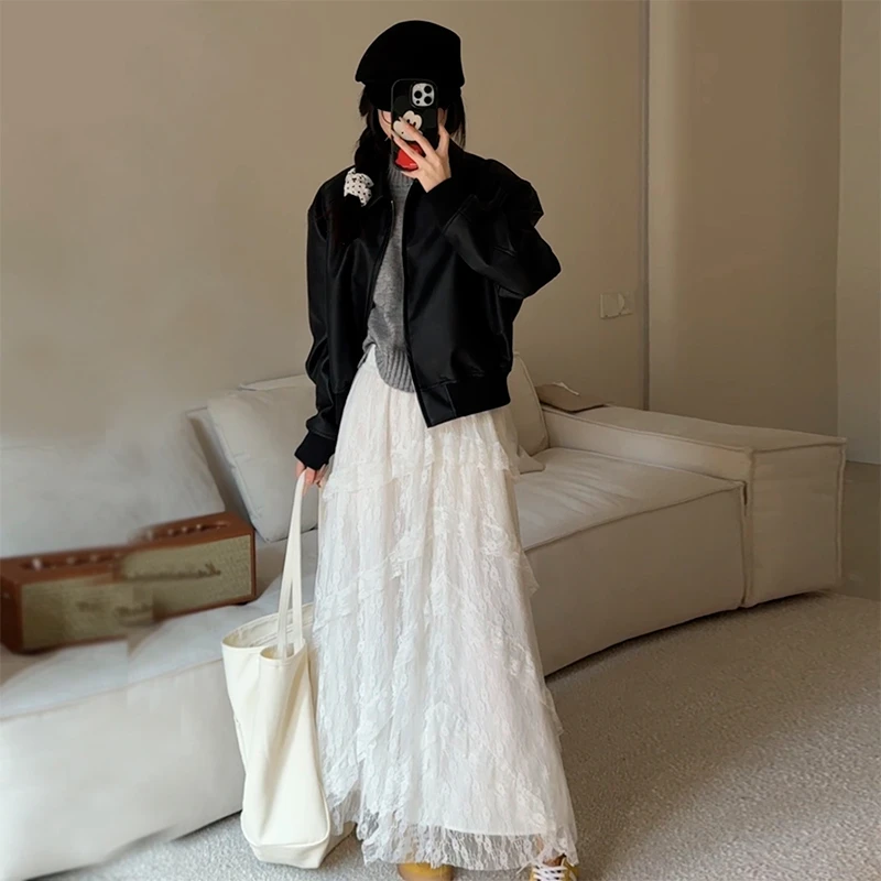 白色蕾丝半身裙女法式拼接斜纹高腰早春松紧腰显瘦网纱a字长裙