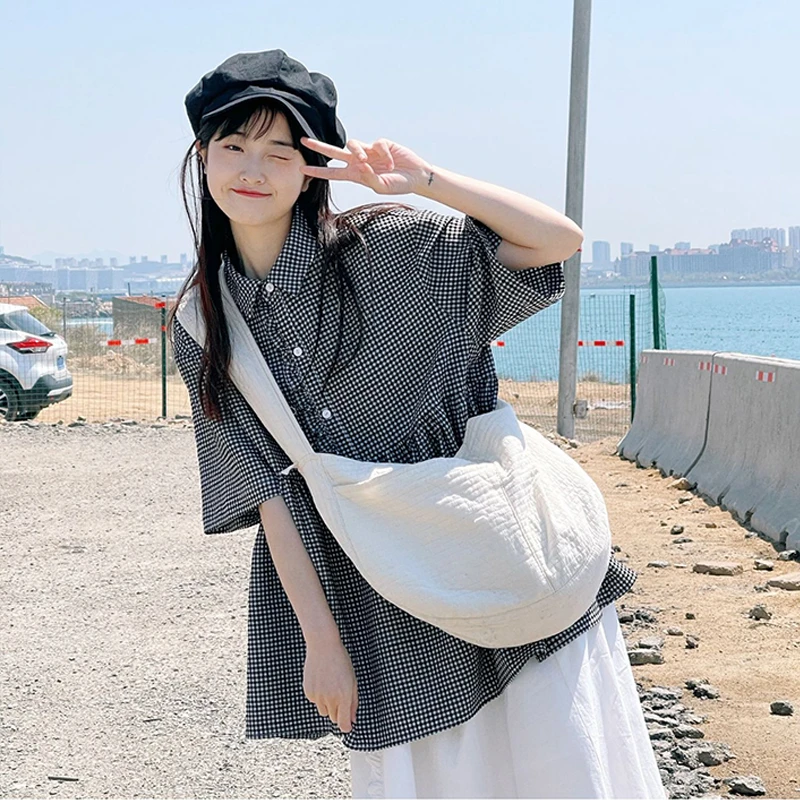 日系复古格子短袖衬衫女装夏季设计感小众衬衣韩系宽松娃娃衫上衣