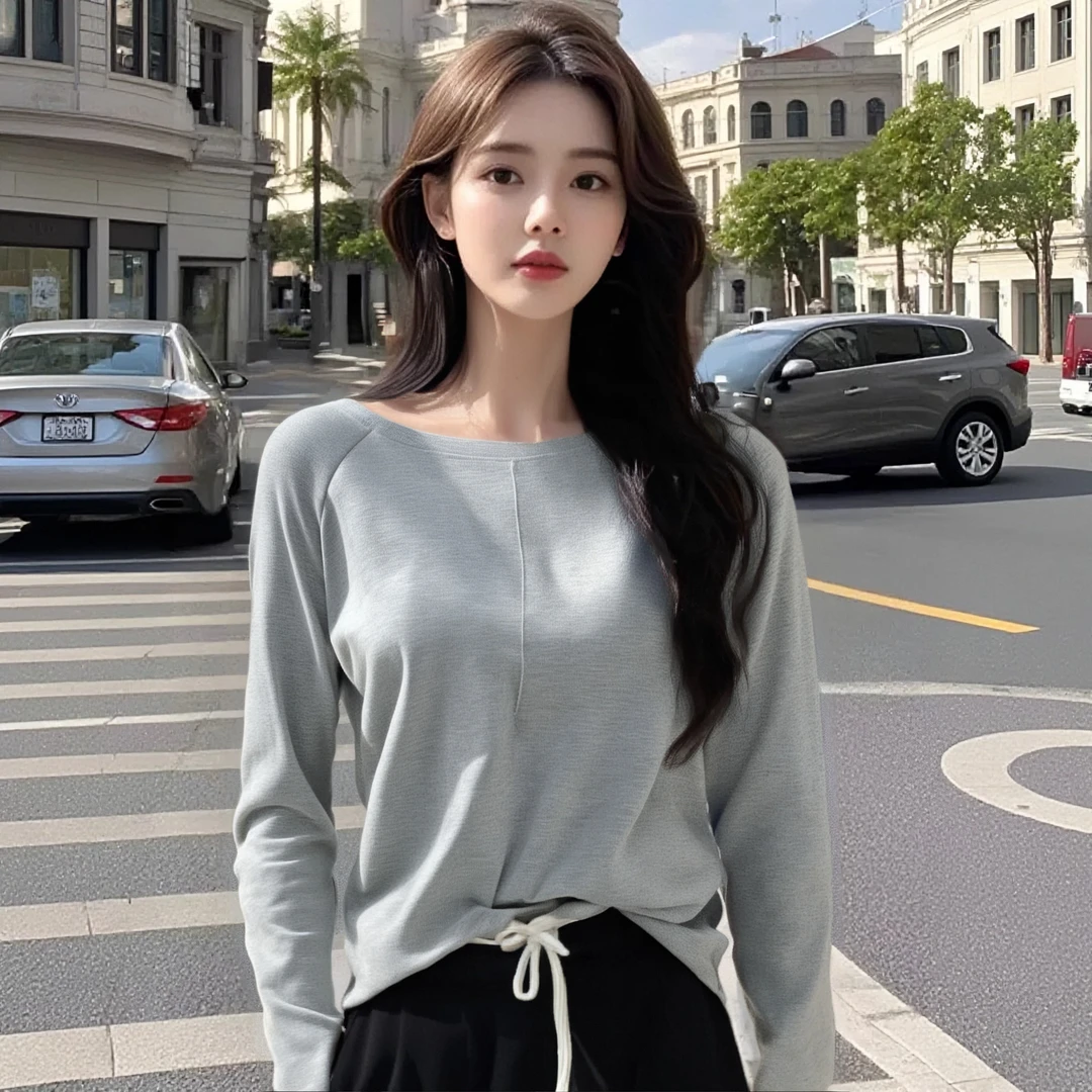 一字肩长袖T恤女2025春秋新款设计感小众露肩上衣修身显瘦打底衫