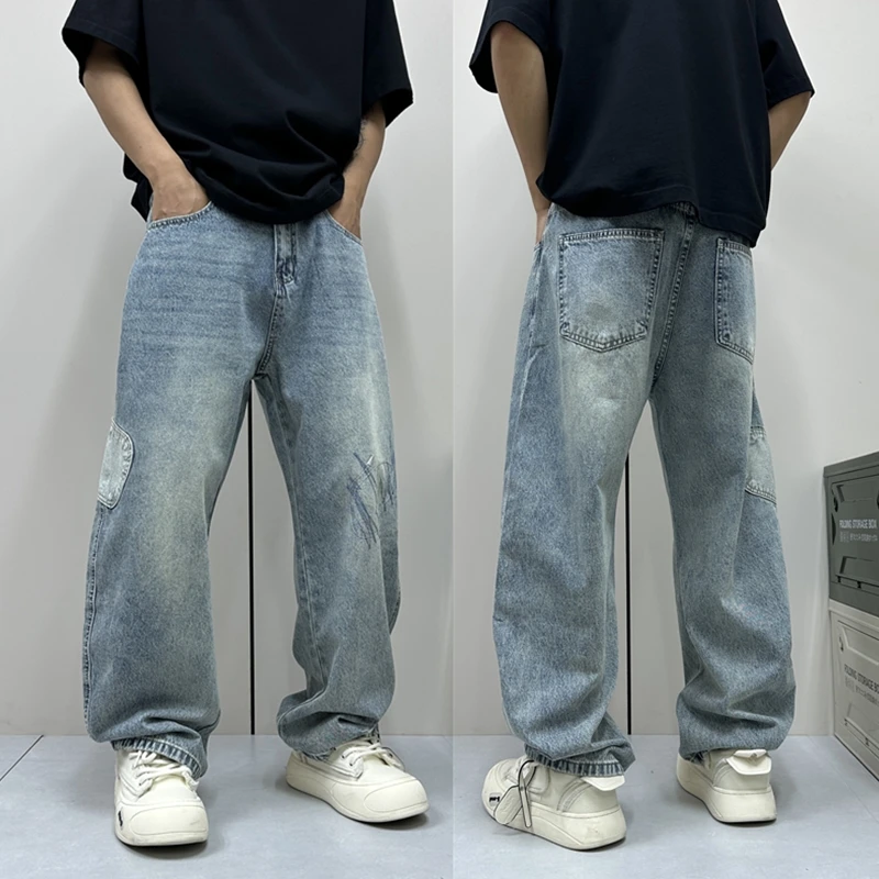 昊Studio夏季美式宽松潮牌补丁牛仔裤男士百搭复古痞帅抽绳阔腿裤