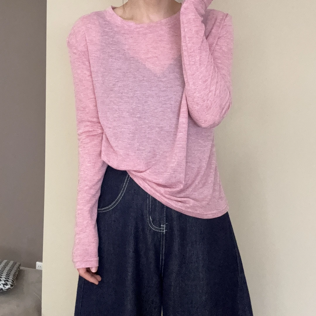 长袖极简风圆领舒适柔软宽松T恤休闲百搭双色防晒上衣-25228