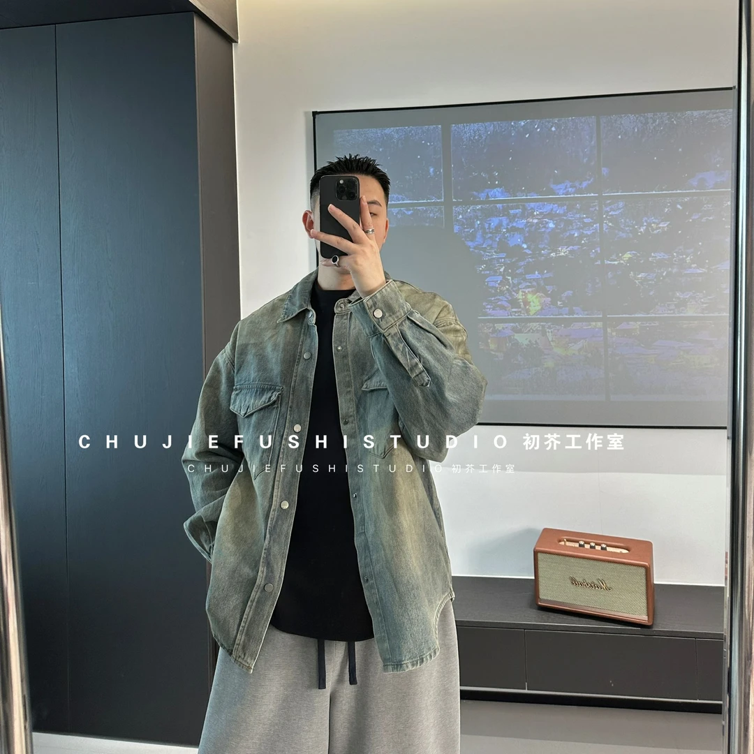CHUJIE韩版时尚复古水洗做旧廓形牛仔潮流外套
