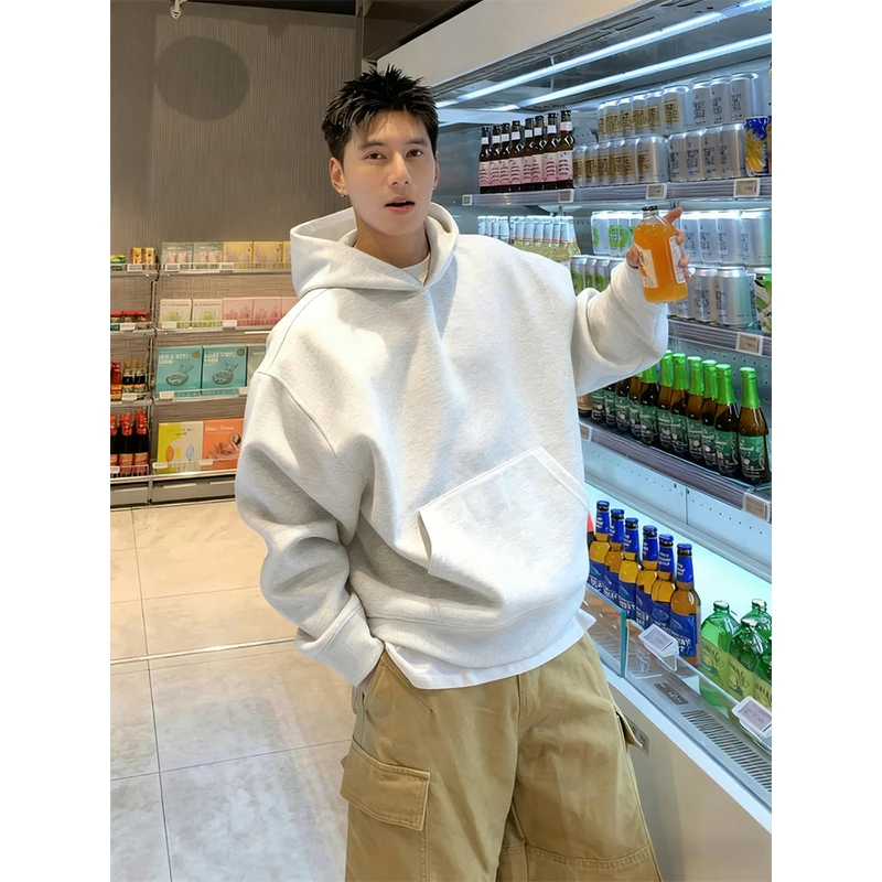 白灰色350g重磅卫衣男秋季潮牌高级感内搭连帽衫美式高街廓形外套