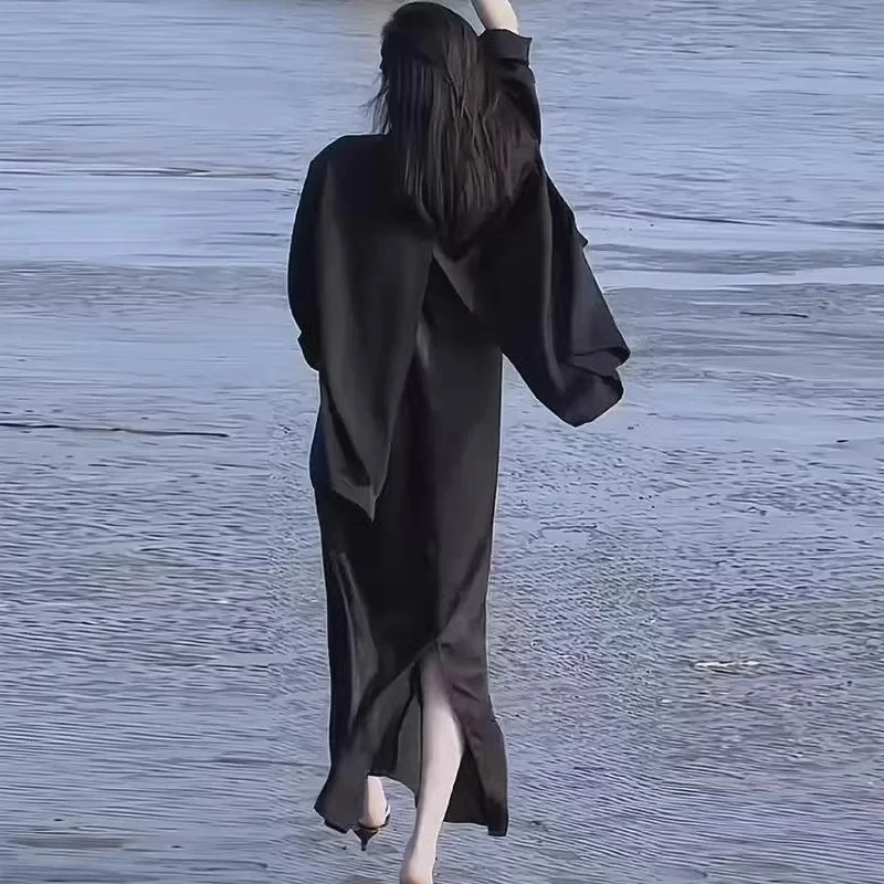 胖mm黑色绸缎面轻薄西装外套女大码宽松休闲高级感后开叉防晒西服