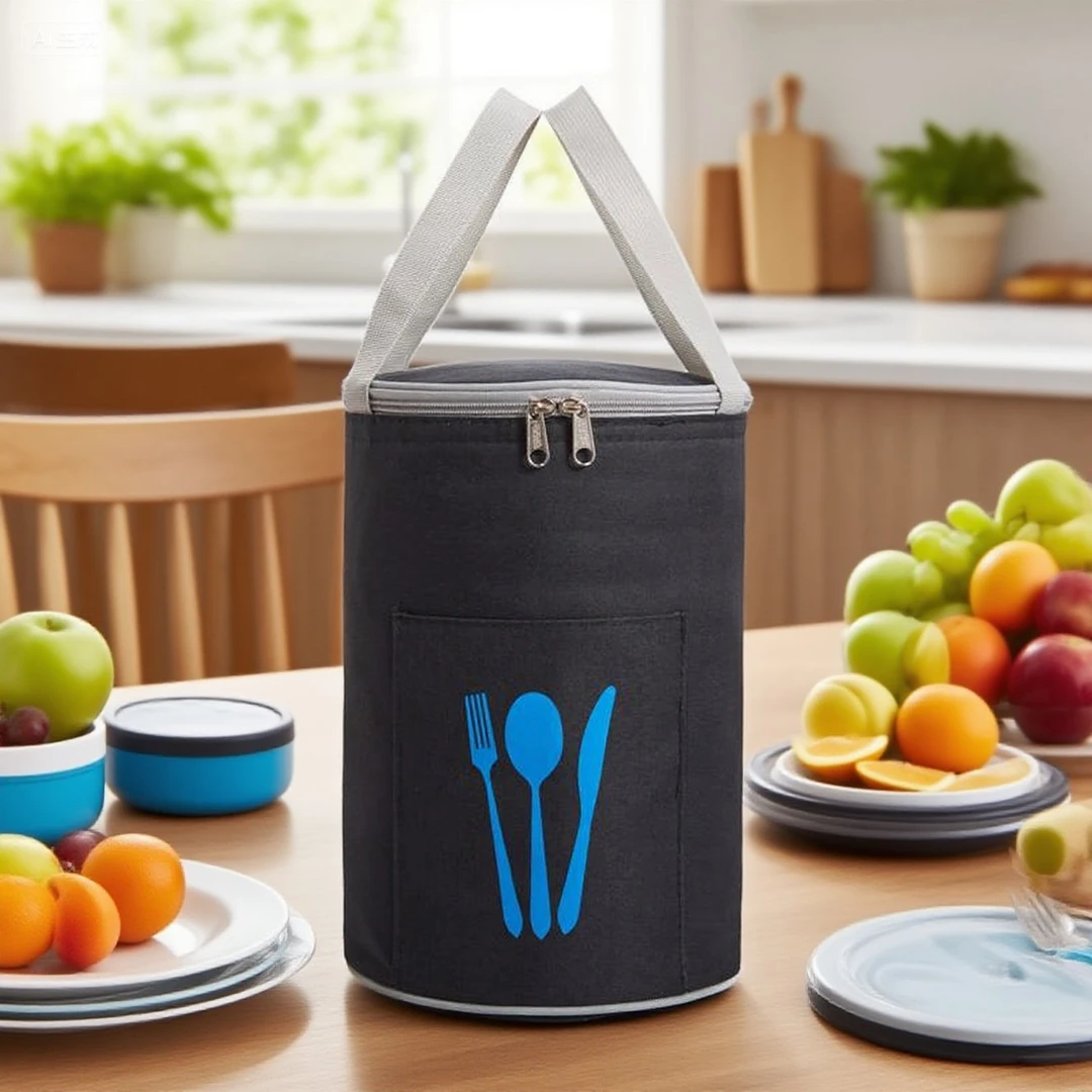 加厚大容量圆形饭盒袋拉骨定型保温铝箔防水防油手提包圆筒便当包