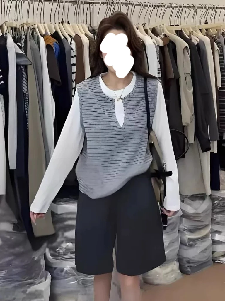 1212新款韩版撞色假两件拼接针织T恤女长袖宽松上衣（衣长54）